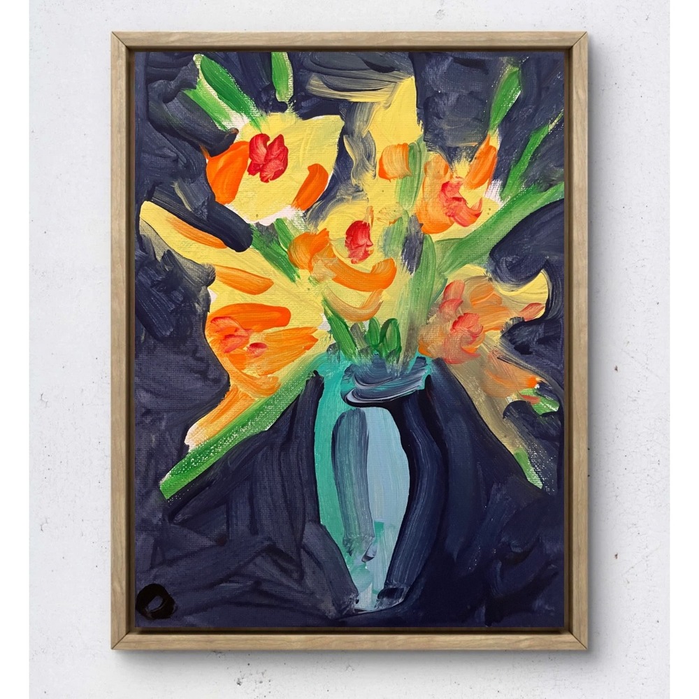 OMAN Original Floral Acrylic Painting 8x10 Canvas Abstract Flowers in Vase Art